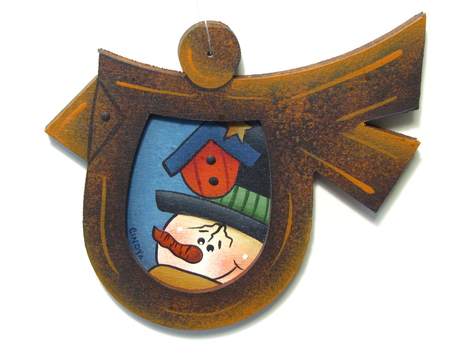 Bird Frame Ornament with Snowman, Birdhouse, Handpainted Wood