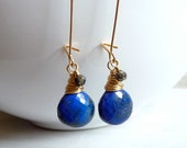 Lapis Lazuli Earrings, Pyrite Rondelles, Faceted Heart Briolette Earrings, Gold Filled Earrings, One of A Kind - karinagracejewelry