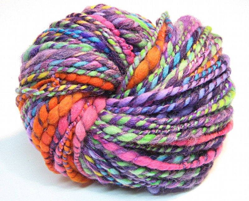 Handspun super bulky rainbow yarn in merino wool, bamboo silk, alpaca and sparkly angelina - 72 yards, 4.6 ounces/ 131 grams