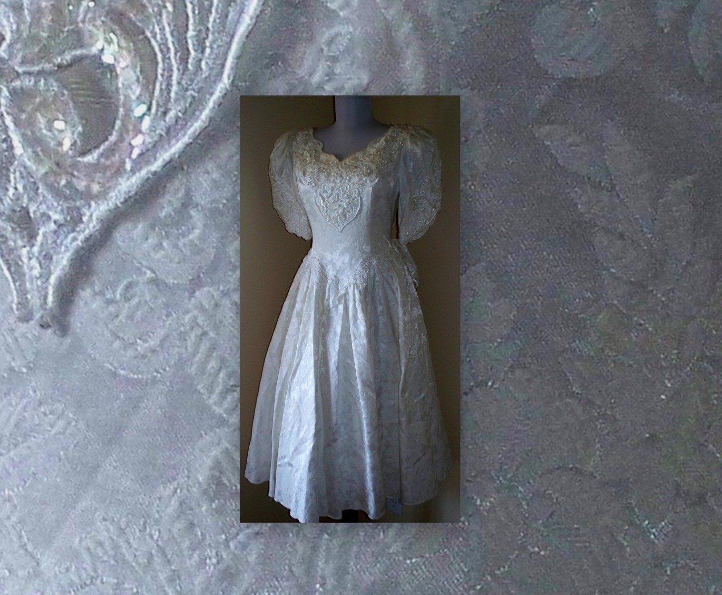 Wedding dress - white brocade - sequins - beads - cutout back - super full skirt - Giant bow