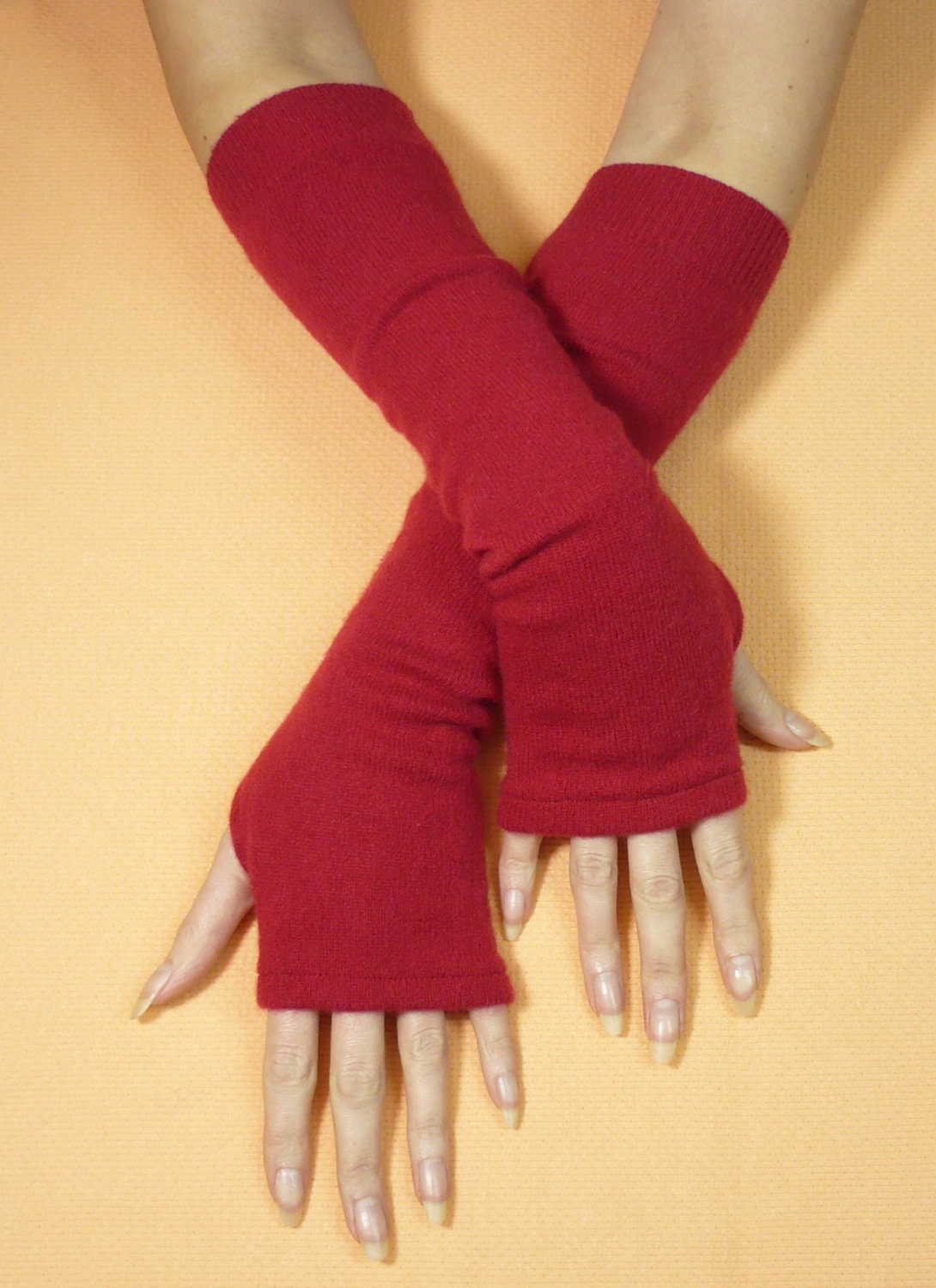 Raspberry Red Upcycled Fingerless Cashmere Gloves, Soft and Warm Women Armwarmers, recycled Knit Sleeves, Boho Style, Winter