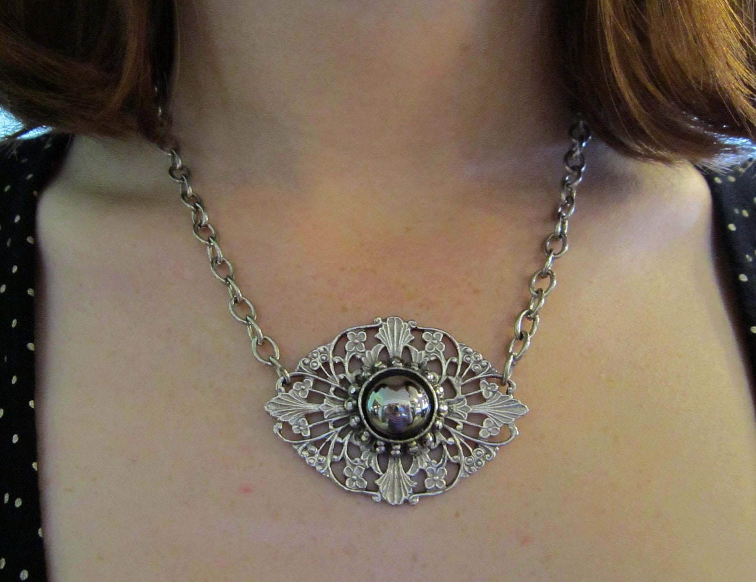 REPURPOSED SILVERTONE NECKLACE, Pendant with Flowers and Unique Cabachon, Upcycled from Brooch, Wear up to 16& 1/2 inches