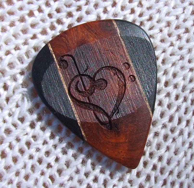 Treble and Bass Clef Heart - Handmade Laser Engraved Exotic Woods Premium Guitar Pick