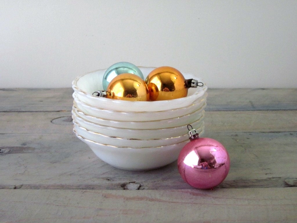 Milk Glass Berry Bowls with Gold Trim Anchor Hocking Set of Six