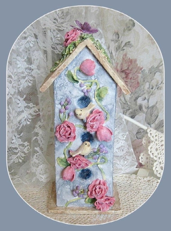 Birdhouse, Birdhouse Bird, Bird Decor, Bird House, Shabby Chic Decor, Blue Decoration Birdhouse Decor Pink Rose Decorative Birdhouse Flower