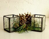 Stained Glass Candle Holders Pair of Tea Light Size Candle Lanterns Green and Clear Confetti Glass