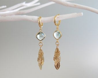 Prasiolite green cz and gold leaf chain dangle earrings - bridesmaids, wedding, gift, mod earrings