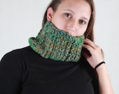 Dark Thyme Green Pink Yellow Multi Chunky Acrylic Wool NeckWarmer Scarflette Cowl with Button