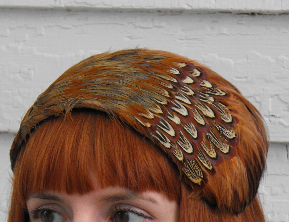 Vintage Feather Hat Brown Rust Earth Tones Cocktail Headband - soulrust