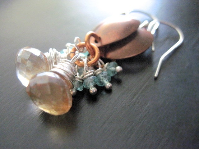 Apricot Quartz Earrings, Onion Briolettes, Apatite Rondelles, Sterling Silver, Bronze, Wire Wrapped