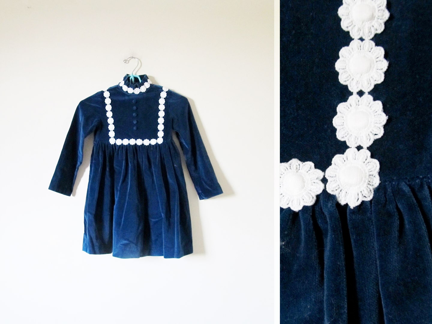 vintage 1960s Dress // Blue Velvet // White Flower Trim // Children Girl