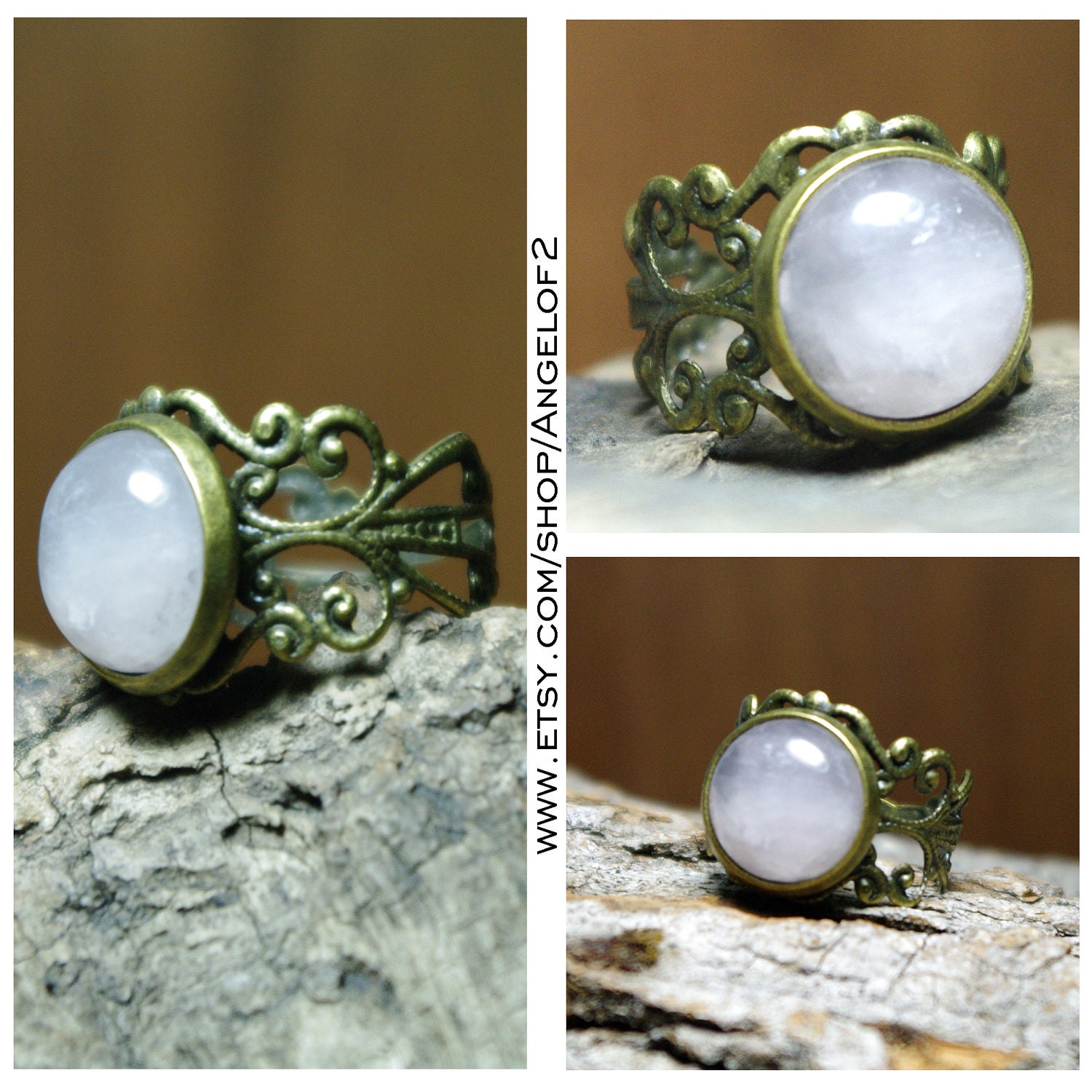 Rose Quartz Cabochon Victorian Filigree Lace Ring                - Adjustable