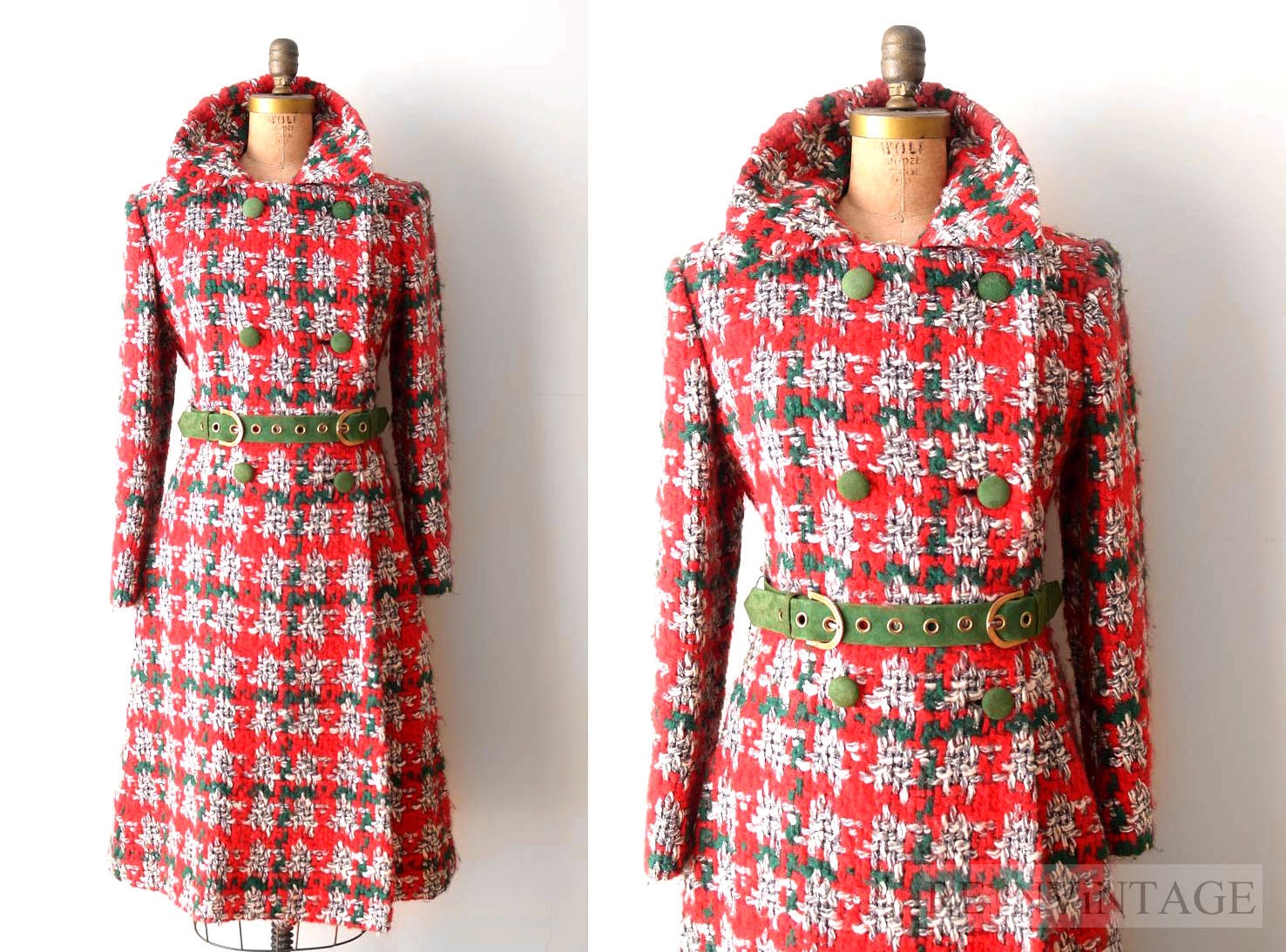 vintage 1960s coat - 60s christmas plaid wool coat / red white green