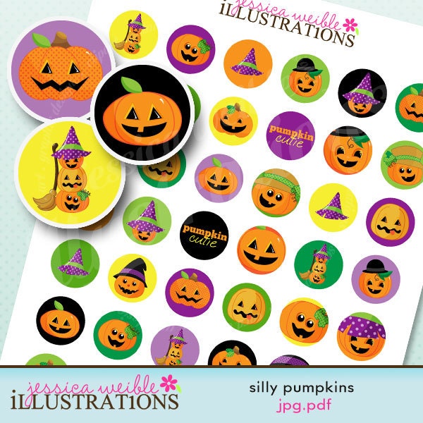 Silly Pumpkins Theme Printable 1 inch Circle Collage Sheet, 1-inch Bottle Cap Circles, Digital File Il_570xn