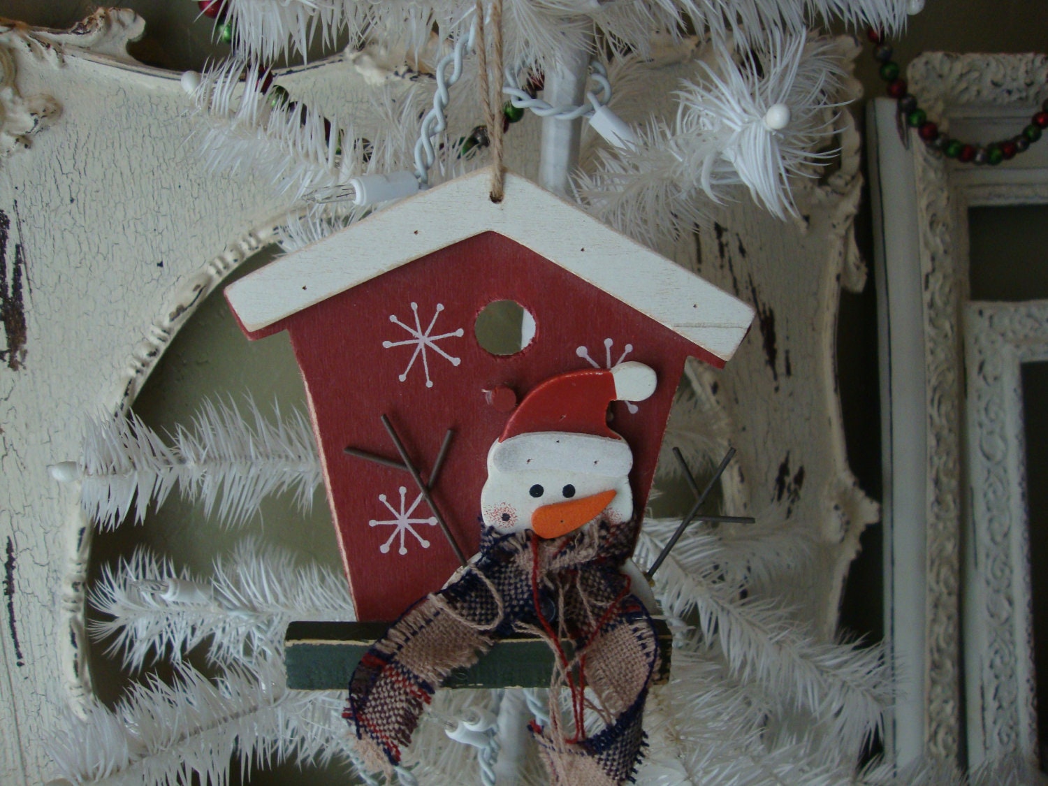 Country Snowman Christmas ornament wooden birdhouse ornament with snowman red and white home decor