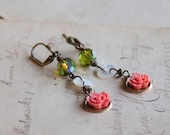 vintage crystals, buttons & japanese floral carved cabochon // green, coral, white // aubagne earrings