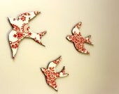 Set of Three Flying Swallows - Red and White Baroque Vintage Wallpaper