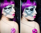 Gold Tooth Googly Eyes Glam Skull Blue Glitter Resin Necklace