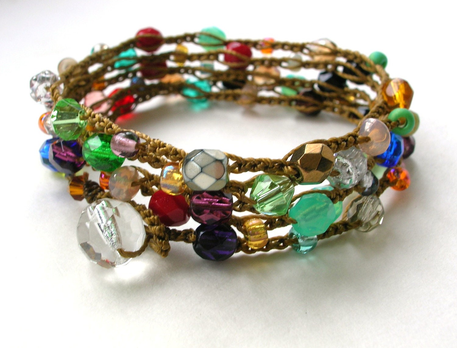 Colorful beaded wrap bracelet - Stained Glass -  Bohemian crochet jewelry, long necklace, gypsy,  jewel tones, sparkly