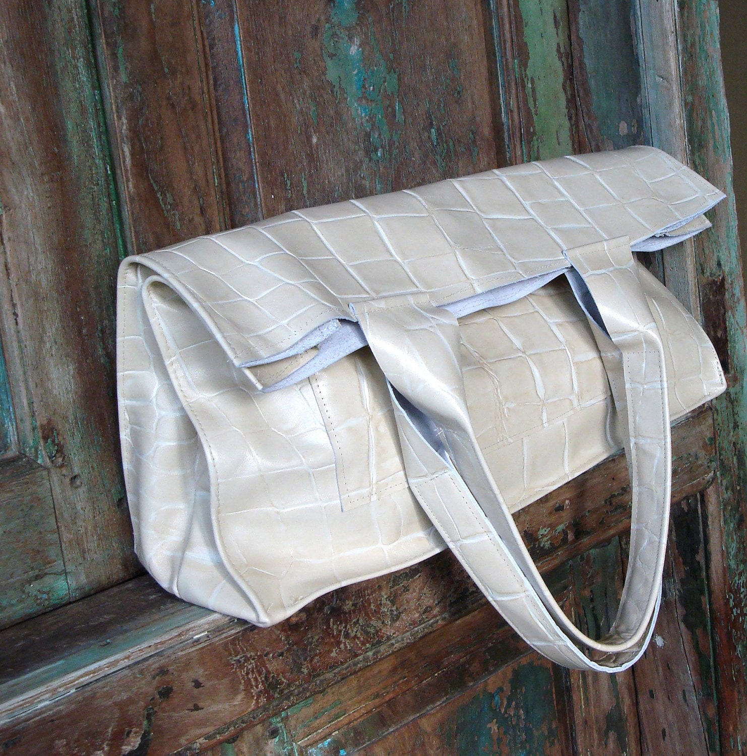 Handmade Embossed Winter White  Leather Tote, Bag or Purse