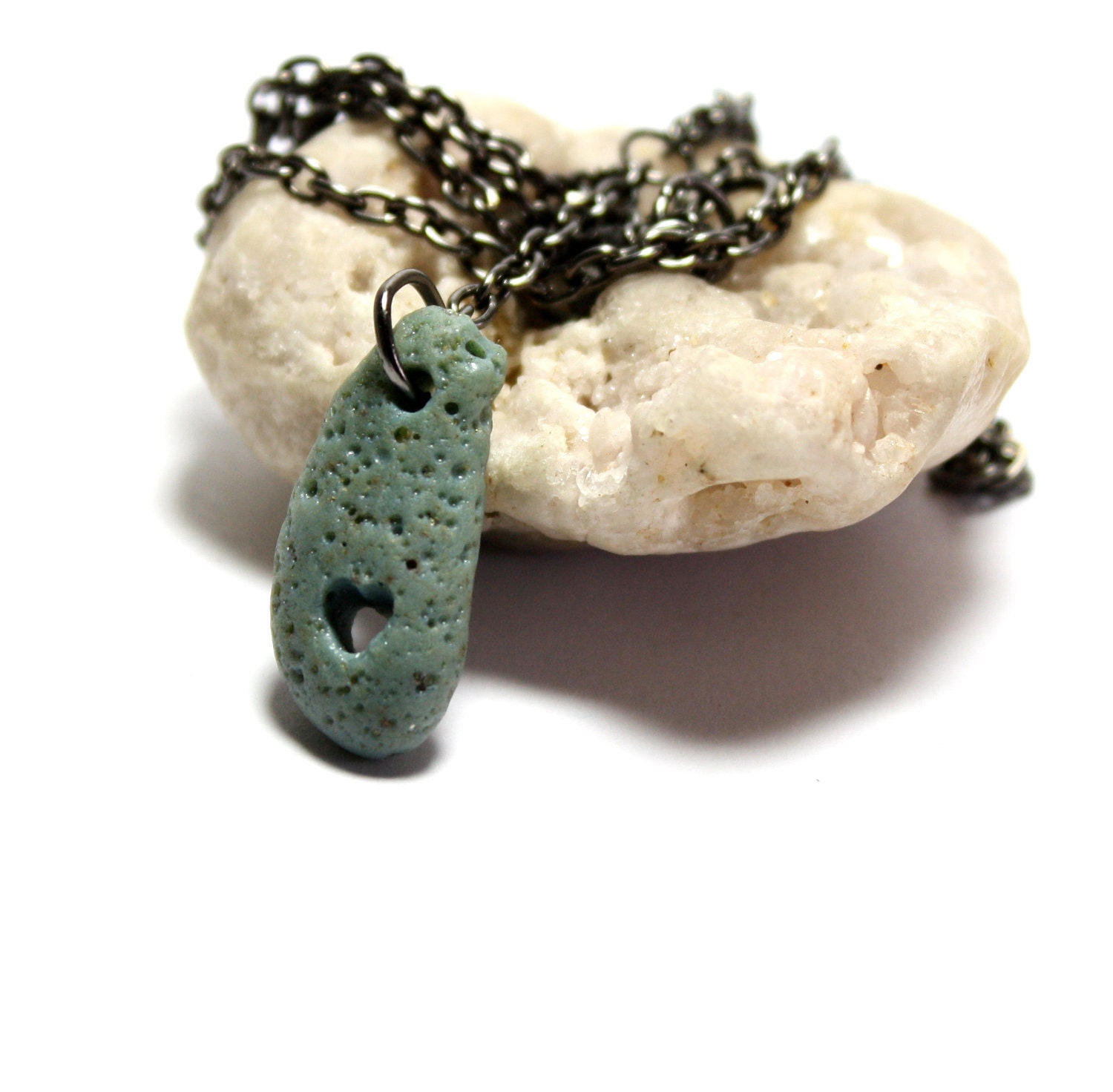 Engraved Blue Slag Glass Gunmetal Necklace- Drilled Bluestone Jewelry- Inland Seaglass Eco Friendly Jewellery by Allybeans