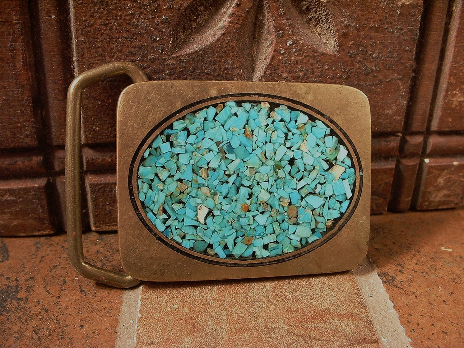 Vintage Southwest  Crushed Turquoise Mosaic Brass Belt Buckle 2.25 Inches