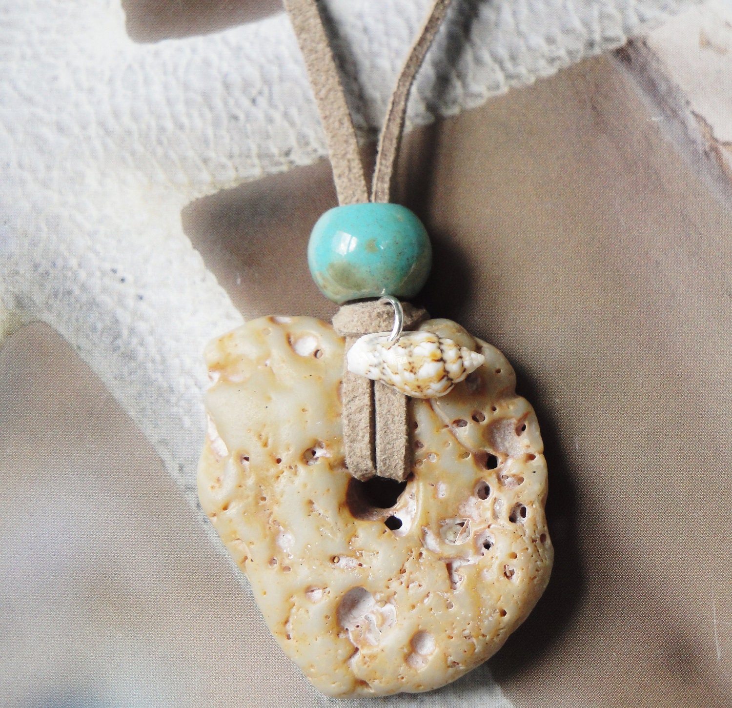 Beachscape One Of A Kind Beach Stone And Aqua Bead Necklace