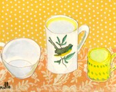 5x7" Kitchen Table 2-- Decoupage Canvas Art bird tea coffee cup pottery
