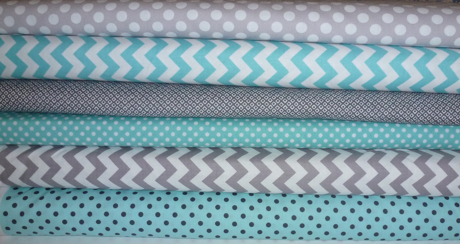 Aqua and Gray fat quarter set - Dots and Chevrons - 6 fabrics
