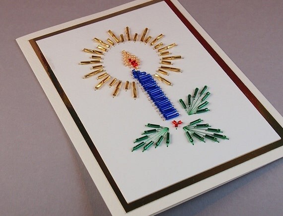 Items similar to Hand Stitched Beaded Candle Christmas Greeting Card on