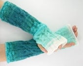 long knit fingerless gloves knit arm warmers fingerless mittens Cable knit aqua turquoise ombre white fall fashion tagt team