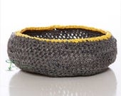 Eco-Nautical Home Decor Woven Crochet Handmade Basket in Grey with Yellow (5") - kitchen/bedroom/bathroom/office/home organization/storage