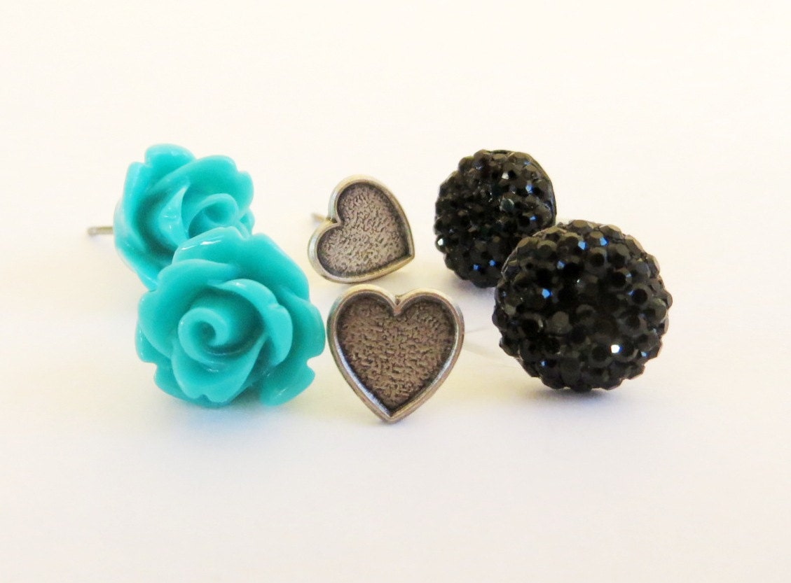 Steampunk Heart & Rose Earring Set- 3 Pairs- Surgical Steel Earrings- Teal and Black