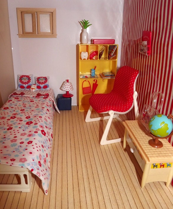 Cute Diorama Red Bedroom for Blythe, Pullip, Littlefée dolls, 1/6 scale