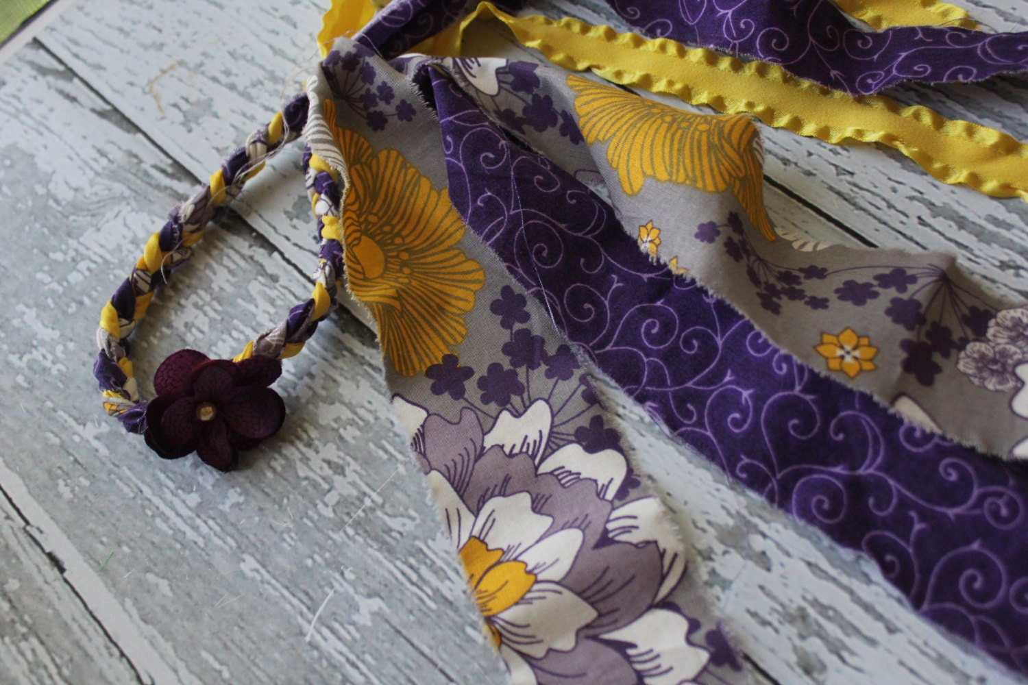 braided halo tieback purple yellow and grey
