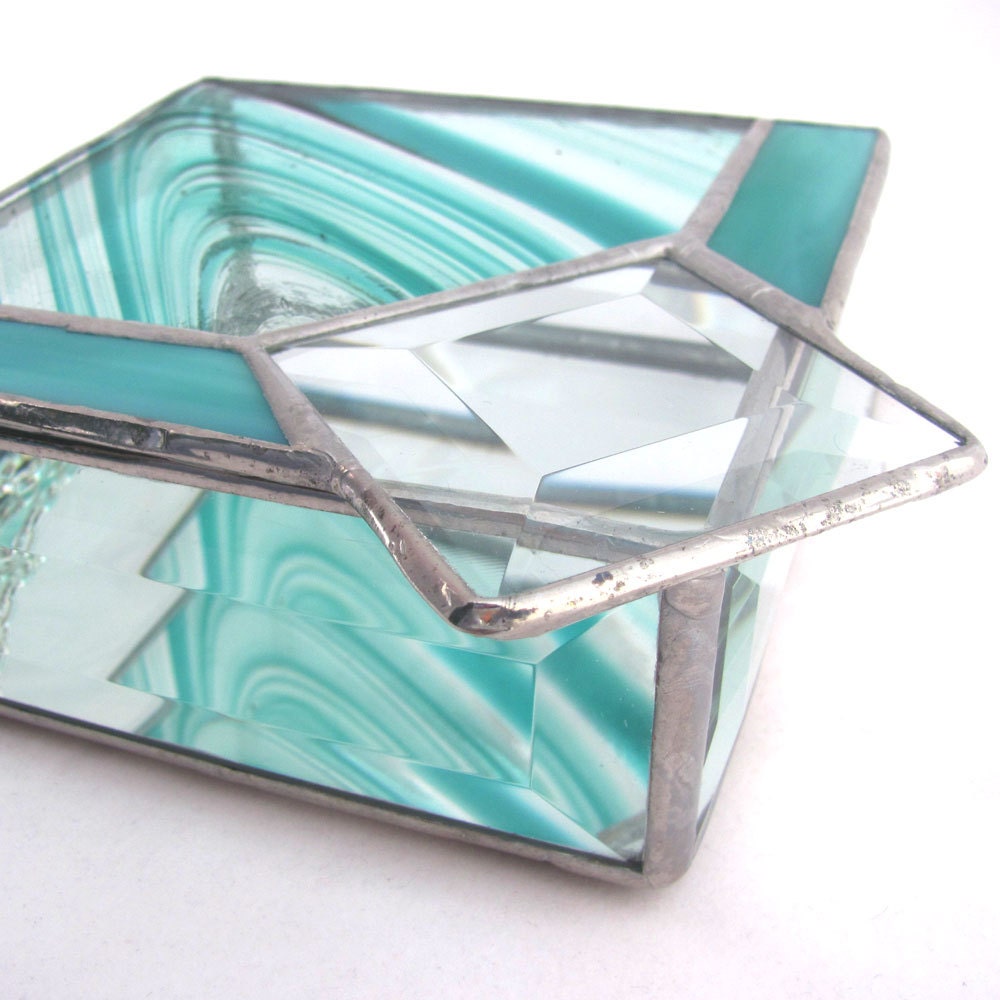 Turquoise and Clear glass Hand Crafted Stained Glass Box