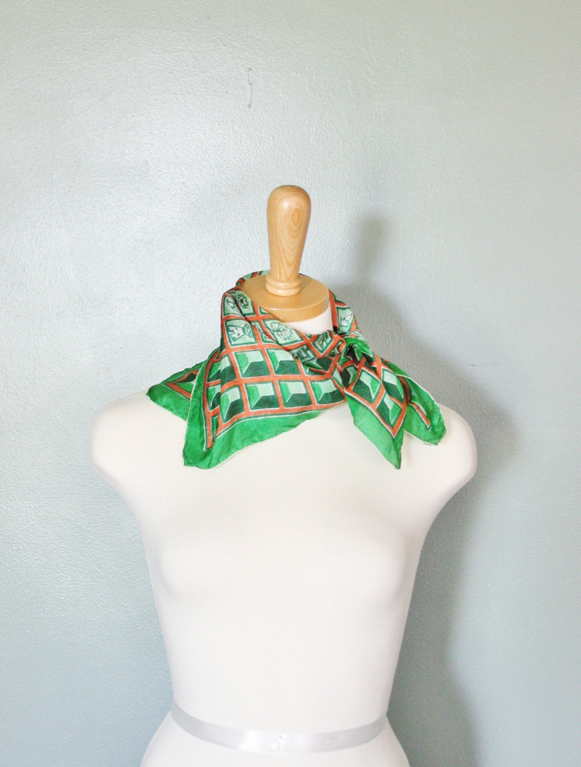 10 Dollar Sale Vintage 60s CUBES Green and Orange Silk Scarf