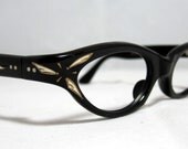 Vintage Cat Eye Glasses. Hand Painted Designs on Black Cateye Glasses