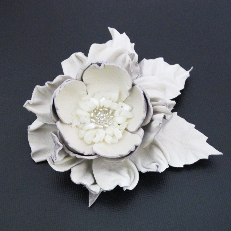 Leather Corsage Flower with Leaves Off White Bone Color Brooch Scarf Pin 3 year (leather) Anniversary Gift