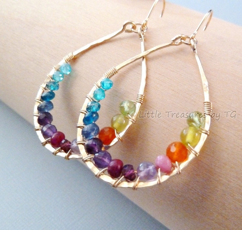 Rainbow earrings Handmade Gold Full Spectrum colorful Fashion Trendy. Gemstone jewelry. Chandelier Earrings