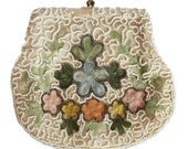 Vintage 30s art deco seed bead and Beauvais embroidery purse with floral design