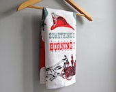 Tammis Keefe Linen Towel Something's Burning 1950s Kitchen Decor Hand Tea Towel Firemen