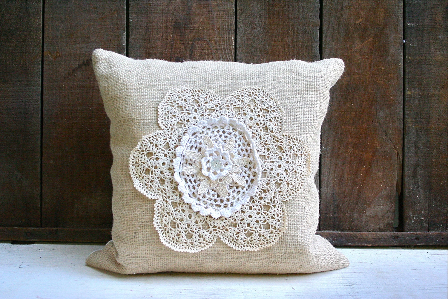 Professionally Made Burlap Pillow Cover with Vintage Doilies - Zipper Closure - Country Cottage Chic Home Decor