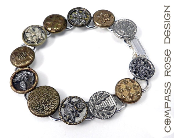 Antique Victorian Button Bracelet Heirloom Collection Silver Victorian Button LONGER Bracelet in Shades of Silver Gold and Brass