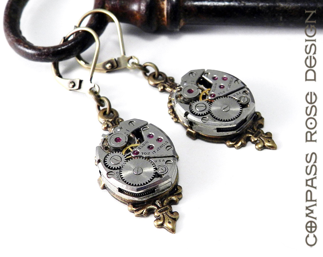 Steampunk Earrings Clockwork Antique Elgin Watch Movement Earrings with 17 Ruby Jewels on Brass Victorian Baroque Drop