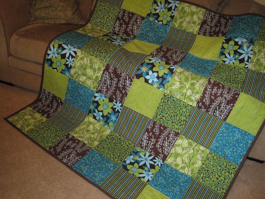 HANDMADE Modern Americanna Patchwork Lap Quilt, "KOKOMO" Teal Blue, Lime Green, Aqua, Brown, Sofa Throw, Dorm Quilt, Photo Prop, Coverlet