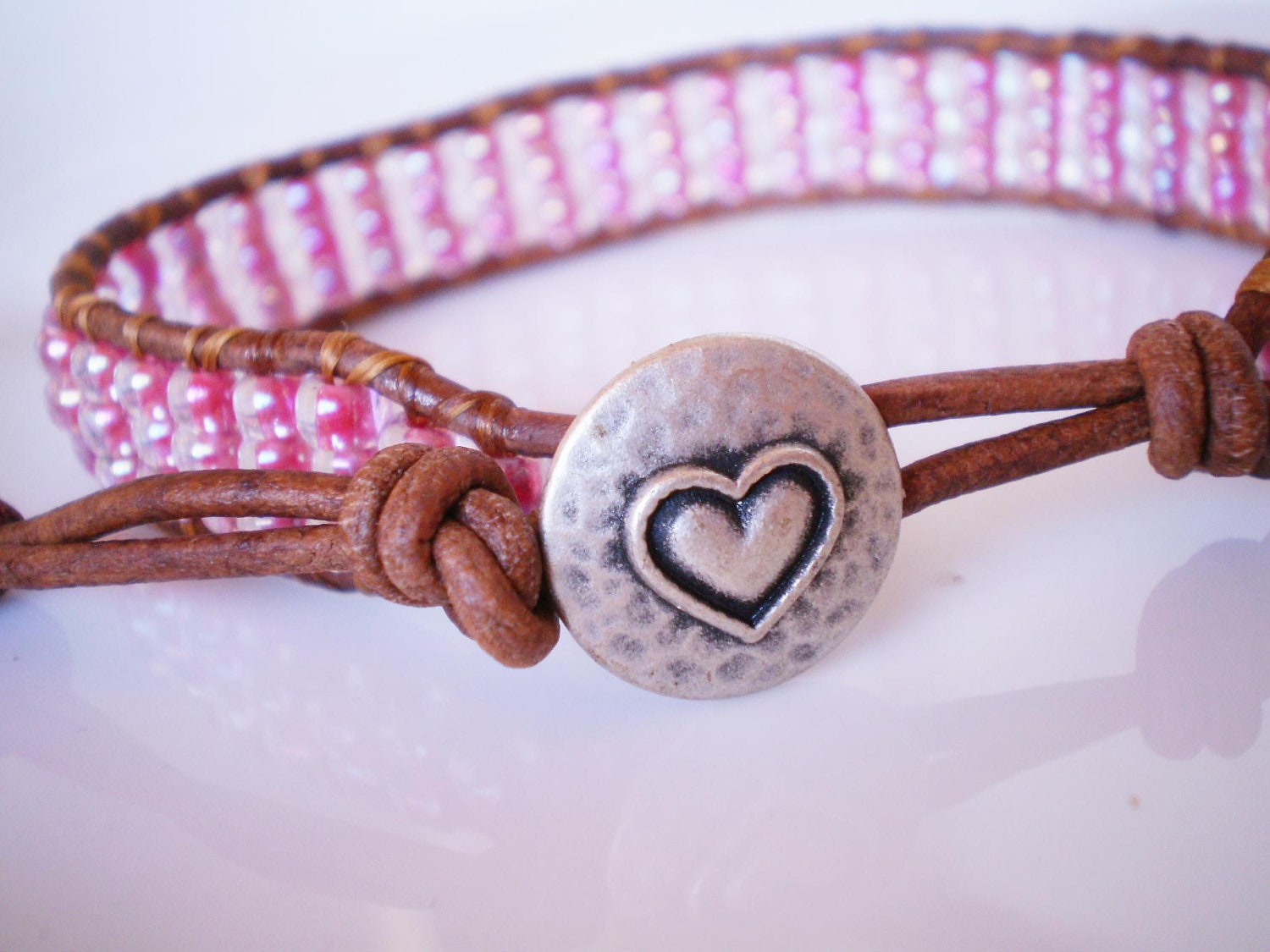 Pink Friendship Bracelet Czech Glass Heart Button