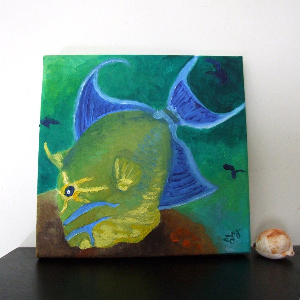 QUEEN TRIGGER FISH, Original 8x8 Oil Painting on Canvas, Tropical Fish Painting, Wall Art Home Accent