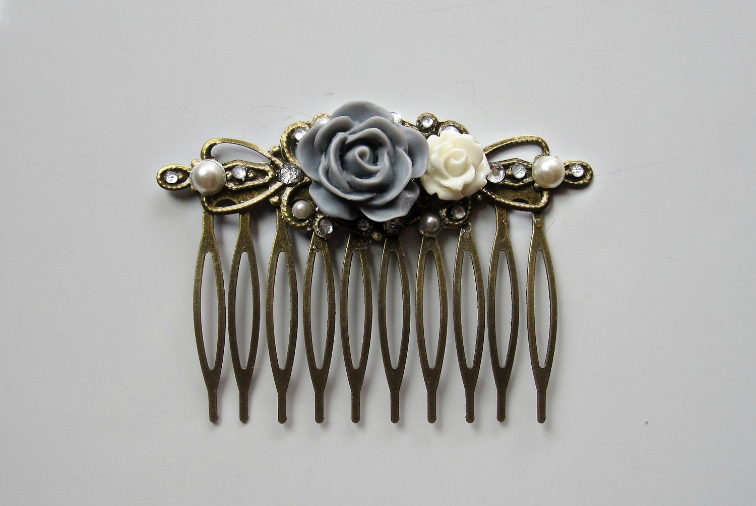 Flower Hair Comb - Antique Bronze - Felt Grey and Marshmallow white Flowers - Jewel and bead Accents