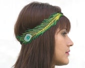 The Empress - Green and Gold Peacock Feather Embroidered Elastic Headband